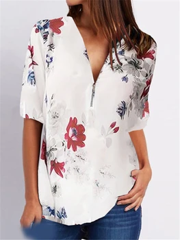 Nové módy V-neck tričko na zips, tričko príležitostné voľné žena tričko veľkosť tričko