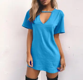 Dámske sexy farbou voľné-krátke rukávy hlboké V halterneck duté T-shirt dress
