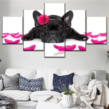 Vytlačené Plátno Modulárny Obrázok Dekor Rámec Wall Art 5 Panel Zvierat, Francúzsky Bulldog A Petal Plagát Moderného Domova Umelecké Diela