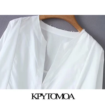 Vintage Elegantné Biele Voľné Skladaný Nepravidelný Koleno Šaty Žien 2020 Módy V Krku Dlhý Rukáv Ženské Šaty Vestidos Mujer