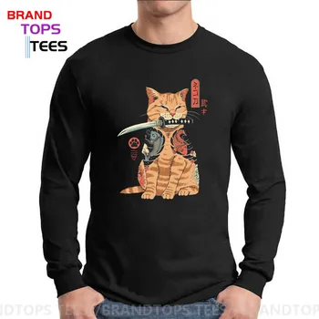 Vtipné Zlý Zadok Mačka Vytetované Koi Ryby Ako Samuraj Harajuku Tees Japonskej estetiky Catana pánske Dlhé Rukávy T-shirts