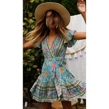 Jastie tyrkysové multi Vytlačené Mini Šaty Boho tvaru zábal Šaty Žien Bežné Prehrabať Hippie Plážové Šaty Žena Vestidos 2020