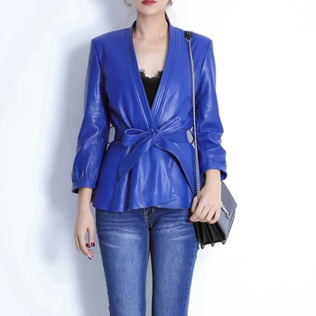 Originálne Kožené Oblečenie 2021 Jar Žien tvaru Luku Pás Krátke Tenkú vrstvu Bunda Mujer Ovčej Modrá/Čierna Slim Fit Casaco