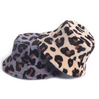 Jeseň Umelú Kožušinu Leopard Krava Dámske Zimné Vedro Klobúky Hrubé Teplé Klobúk Lady Dievča Kórea Panama Vonkajšie Cestovné Velvet Rybár Klobúk