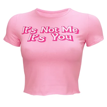 Weekeep List Vytlačiť Orezané Ružové tričko Ženy Pletené O-krku Krátke Sleeve Tee Tričko Femme Bodycon Streetwear t-shirt Topy
