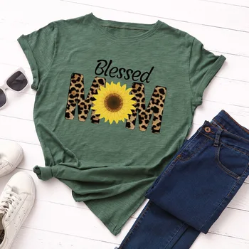 Leopard List Požehnaný Mama Print T Shirt Ženy Lete Harajuku Slnečnice Daisy Grafické Tees Žena Krátky Rukáv Voľné Top Ladies