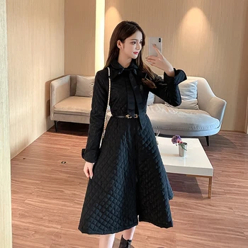 COIGARSAM Office Lady Celý Rukáv Ženy jednodielne šaty kórejský Nové Zimné Pevné Singel svojim Vysokým Pásom Pás Šaty Black 69