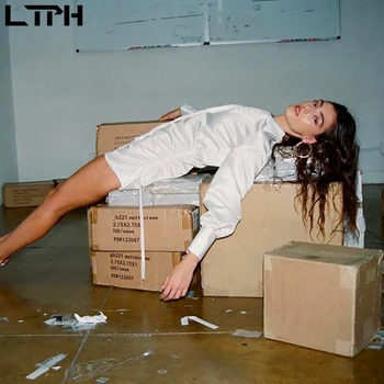 LTPH 2020 Jeseň nový príchod in trend Jednoduché satin tričko s dlhým rukávom šaty žien Office Lady sexy klope single-breasted šaty