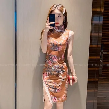 Ženy Čínsky Štýl Retro Tlač Slim Cheongsam Kórejský Elegantnej Čipky Strany Mini Šaty Bez Rukávov Qipao Klub Sexy Bodycon Vestidos