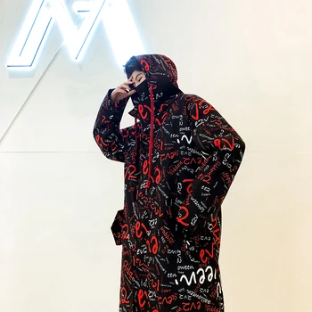 Dlhá Bunda Výkopu Mens Celej List Vytlačený Harajuku Kapucňou Windbreaker Hip Hop Jeseň Zimný Kabát Muž Bežné Outwear