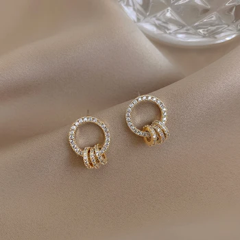 Kórejský hot predaj módne šperky jednoduché kolo 14K skutočné zlato náušnice luxus plný crystal dámske prom party náušnice