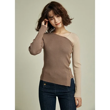 2020 jeseň nový produkt V-krku vyzerá tenké, all-zápas nepravidelný farebný kontrast, šitie uhlopriečka tlačidlo sveter sveter ženy