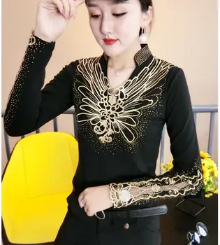 štíhle telo ženy, dlhý rukáv turtleneck t-shirts výšivky zlatý kvet ženu t-shirts lady duté sa pulóvre