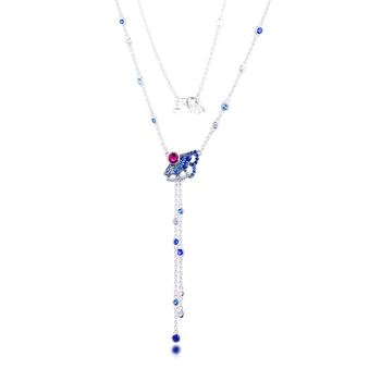 Blue & Ružová Ventilátor Y-Náhrdelník pre Ženy Jasné, CZ HeartsLong Reťazca Striebro 925 Šperky Vyhlásenie Náhrdelníky