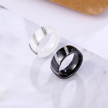8mm Vysoko Kvalitné Čierne A Biele Keramické Jednoduchý Štýl Tri Line Crystal Zirkón Keramické Krúžky Pre Ženy Módne Šperky Darček