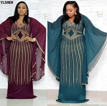 Africké Šaty pre Ženy 2019 Nových Afrických Oblečenie Dashiki Diamantové Korálky Bazin Riche Sexy Štíhla Prehrabať Rukáv, Dlhé Šaty Afrika