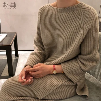 CBAFU nové módne zimné žien zahustiť teplé pletené pulóvre sveter dvojdielne obleky +vysoký pás voľné širokú nohu, nohavice nastaviť F964
