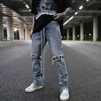Koleno Otvor Zničené Denim Jeans Mens Vintage Umyté Slim Biker Džínsy s Dlhý Pás Nové Módne Streetwear Hip Hop Nohavice Joggers