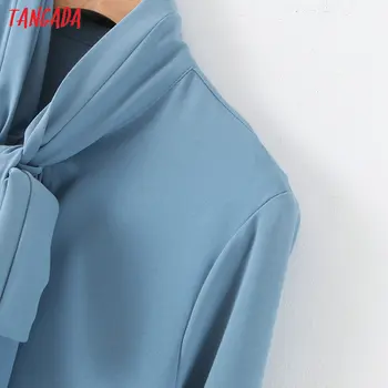 Tangada ženy vintage modrá blúzka luk krk dlhý rukáv elegantné office lady tričko blusas femininas QB113
