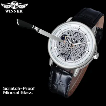 VÍŤAZ luxusné značky módne športové mechanické hodinky kožený remienok mužov strane vetra kostra strieborná prípade hodinky reloj hombre