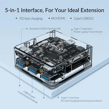 ORICO Transparentné USB Typu C HUB na Multi USB 3.0 4K Kompatibilný s HDMI 60W PD Nabíjací Dok Splitter pre MacBook Pro Príslušenstvo