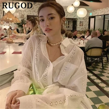 RUGOD kórejský duté z bielych žien dlhá blúzka Elegantné voľné dlhý rukáv-belted košele Príležitostné letné topy ženské oblečenie 2019