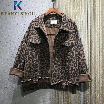 2020 Jeseň Ženy Leopard Tlač Denim Jacket Streetwear Módy Klope Vrecko Džínsy Bunda Ženy Voľné Harajuku Bunda Džínsy Kabát