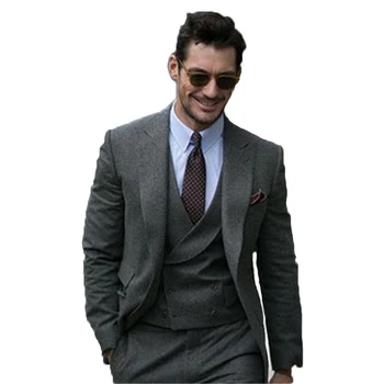 Sivá Tweed Muži Obleky Pre Svadobné Custome Vyrobené Večera Vyhovuje Obleku Večerné Šaty Ženícha Nosenie 3 Kusy(Bunda+Nohavice+Vesta)
