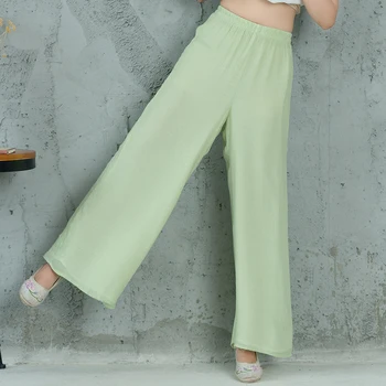 Letné ženy bavlnená posteľná bielizeň tenké priedušná širokú nohu ženské nohavice elastický pás farbou voľné biela zelená retro dlhé nohavice