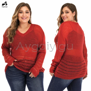 Aygaiyigu Plus Veľkosť Ženy, Ľahké Svetre Veľká Veľkosť Dámy Tenká Červená Svetre tvaru Dlhý Rukáv Duté Sa Pletené Oblečenie