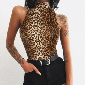 Hnedý Top Sexy Svetlé Bez Rukávov Turtleneck Leopard Print T Shirt Ženy Plodín Top Soft Dámy Krátke Tričká, Košele 2020 Nové