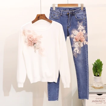 Jesenné a zimné nové žien vyhovovali 2020 vyšívanie korálkami 3D Kvet dlhý rukáv T-shirt + elastické jeans