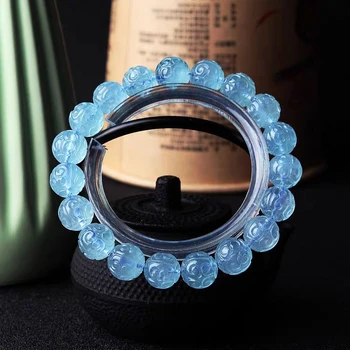 Prírodné Blue Ice Akvamarín Crystal 10 mm Náramok Ženy, Mužov Darček Úsek Vyrezávané Modrá Kolo Perličiek Náramok Šperky AAAAA