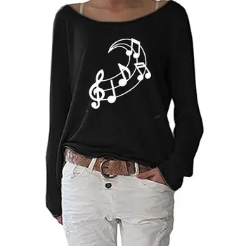Hudba Poznámka Mesiac Grafické T-shirt Bavlna Lumbálna Ženy Dlhý Rukáv Zábavné Jeseň Streetwear Tee Topy