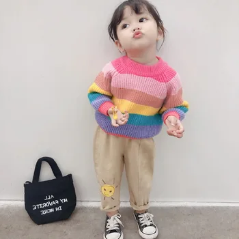 Jeseň Zima Girls Long Sleeve O Krk Farebné Pruhované Rainbow Knitwear Sveter Princezná Deti Detí Pulóver Jumper