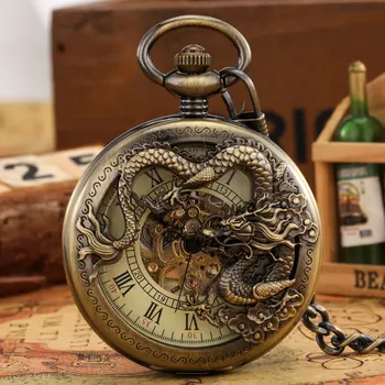 Antické Bronzové Dragon Mechanické Vreckové Hodinky Kostra Ruky-Vietor Flip Clock Steampunk Fob Hodinky s Reťazca Darček pre Mužov, Ženy