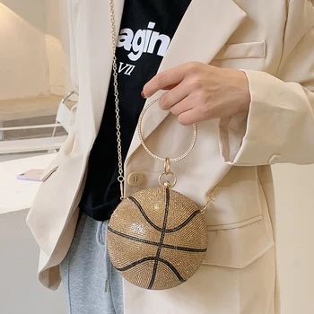 2021 Nové Basketbal Tvar Kabelky Módnych Bling Diamond Žena Reťaze Taška cez Rameno Mini Crossbody Taška pre Ženy, Kruhový Kabelku