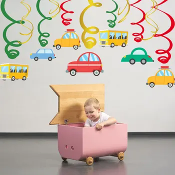 Dieťa Narodeninovej Párty Dekorácie PVC Špirála S Karikatúra Auto, Autobus, Taxi Papier Karty Baby Sprcha Visí Vírivá Strana Dodávky