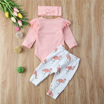 3ks Roztomilé Dieťa Dievča Oblečenie Nastaviť Ružová Prehrabať Jeseň Dlhý Rukáv Kombinézach Topy Flamingo Nohavice hlavový most Dojčenské Oblečenie Oblečenie