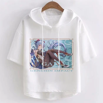 Genshin Vplyv Ganyu Harajuku T-shirts Letné Módne Topy Femme Krátkym Rukávom s Kapucňou Korzet Top T-shirt Biela Kawaii Oblečenie