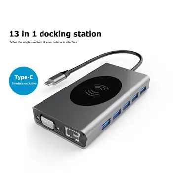 13 v 1 USB-C-HDMI/VGA/PD/USB 3.0 Hub, Bezdrôtová Rýchle Nabíjanie Dock Station