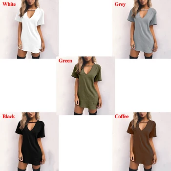 2020 Ženy Trojuholník Duté Okolo T-Shirt Dress Krátky Rukáv Pevné Farieb Hlboké V-Neck Mini Topy Voľné Pulóver Móda