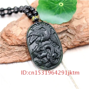 Muži Jade Dragon Phoenix Šarm Čiernej Amulet Prívesok Príslušenstvo Prírodné Náhrdelník Obsidian Vyrezávané Zelený Čínsky Šperky, Darčeky