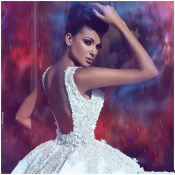 Arabské Svadobné Šaty S Korálkami Kvetinová Čipka Nášivka Romantické Svadobné Šaty 2018 Sexy Nádherný Tylu Dlho vestido de noiva