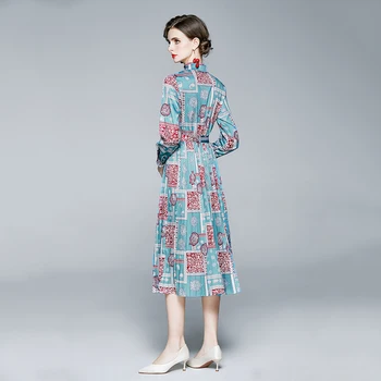 NOVÉ Elegantné Vintage Šaty Módne Bežné Ženy, Dlhý Rukáv Vysoký Pás Midi Šaty Kvetinový Vytlačené Slim Zavesené Šaty vestidos