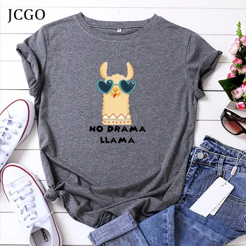 JCGO Lete Ženy T-Shirt Plus Veľkosť 5XL Bavlna Roztomilý Alpaky Tlač Ženské Tričká Krátky Rukáv Ležérne Módne Topy Základné Tees