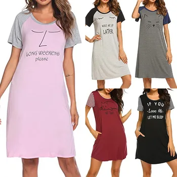 2020 Žien župane Nightgowns Sleepshirts Sleepwear Roztomilý Spánku Tričko List Vytlačený Noc Šaty Krátke Rukáv Odev