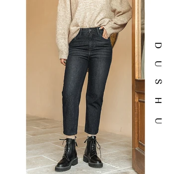 DUSHU Bežné streetewear čierne rovné džínsy Ženy jeseň zima vysoký pás denim džínsy Žena tvojich priateľov, nohavice plus veľkosť 2020
