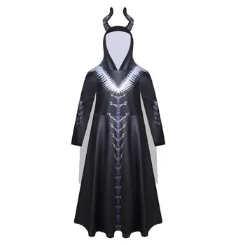 Dievčatá Solid Black Maleficent Šaty Halloween Kostýmy Deti Zdobiť Diabol Cosplay Kostým Oblečenie Horn Čierne Šaty Darebák Oblečenie