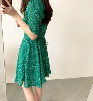 Riadok Šaty Žena Lete Krátky Rukáv Roztomilé Sladké Japonsko Kórejská Štýl Oblečenia Dizajnu Dátum Nosiť Zelené Polka Dot Dress 5197